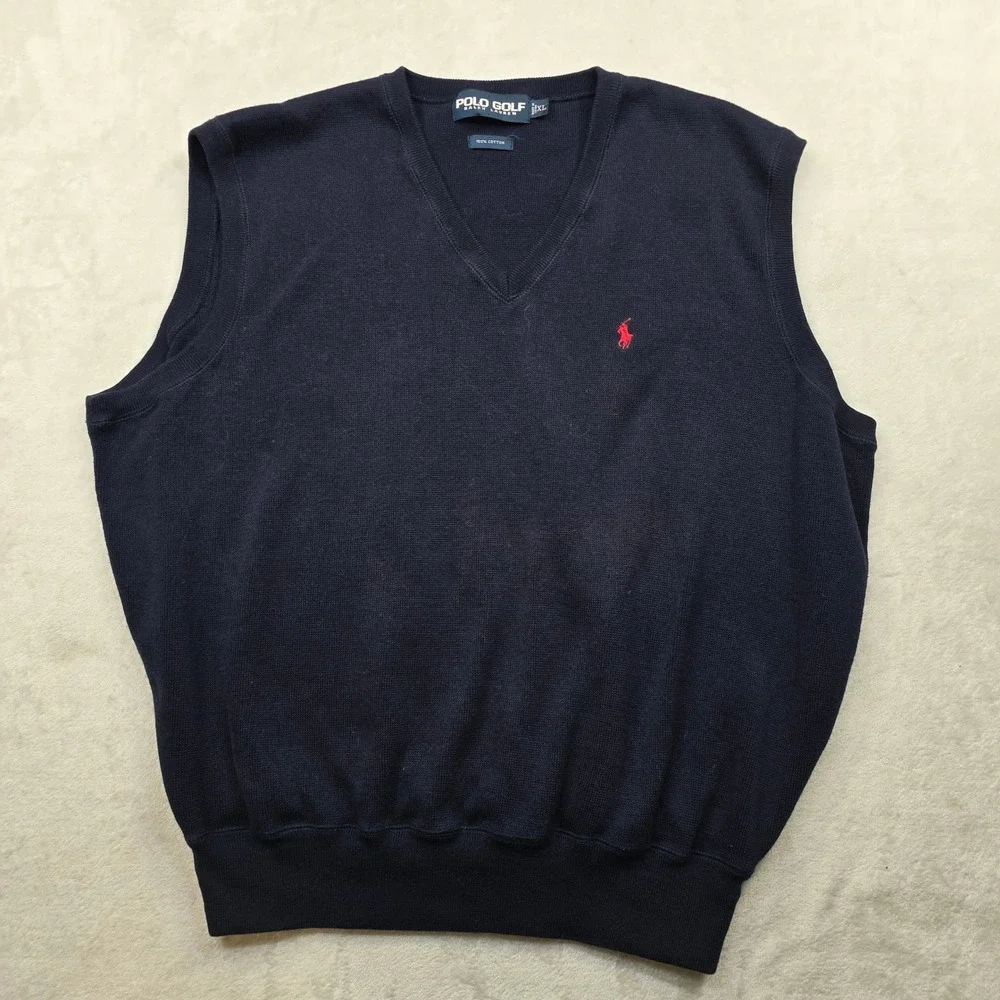 Polo Golf Ralph Lauren Sweater‎ Vest Mens XL Navy Blue 100% Cotton V Neck
